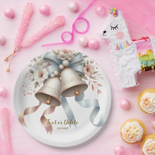 Trouwbloemen klokken roze blauwe linten mooi papieren bordje (Feest)