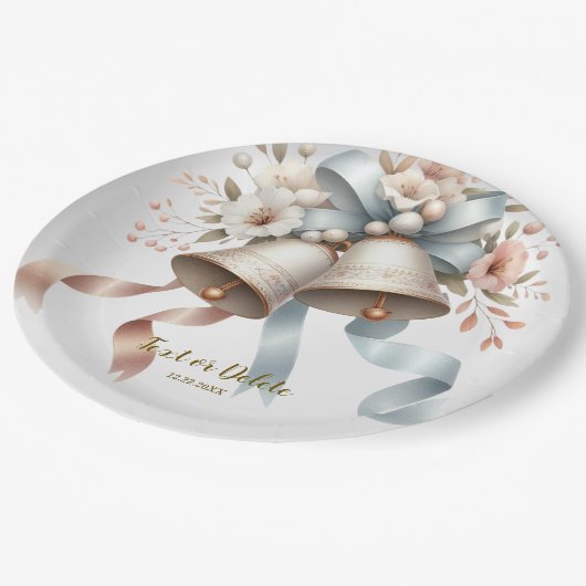 Trouwbloemen klokken roze blauwe linten mooi papieren bordje (Gekanteld)
