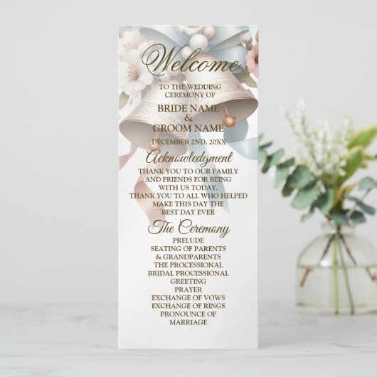 Trouwbloemen klokken roze blauwe linten mooi programmakaart (Staand voorkant)