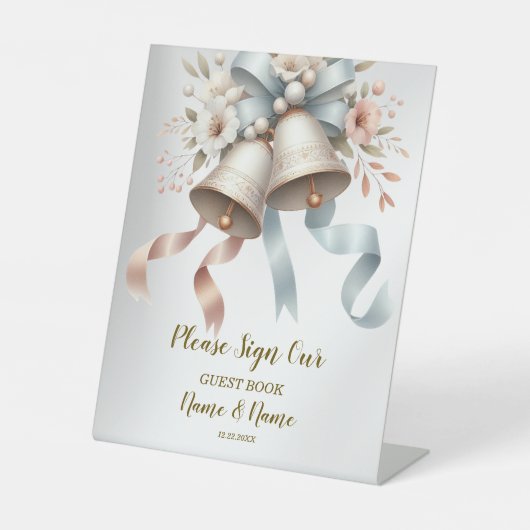 Trouwbloemen klokken roze blauwe linten mooi reclamebord met voetstuk (Voorkant)