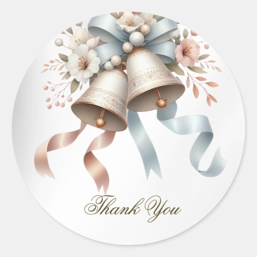 Trouwbloemen klokken roze blauwe linten mooi ronde sticker (Voorkant)