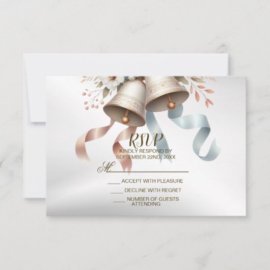 Trouwbloemen klokken roze blauwe linten mooi RSVP kaartje (Voorkant)