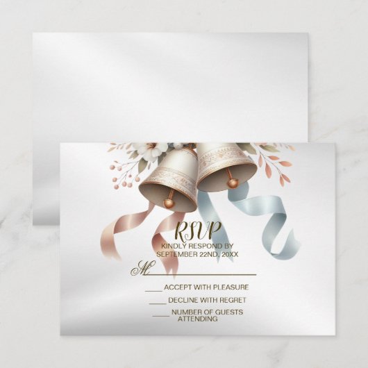 Trouwbloemen klokken roze blauwe linten mooi RSVP kaartje (Voorkant / Achterkant)
