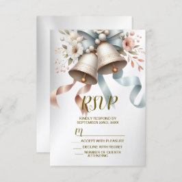 Trouwbloemen klokken roze blauwe linten mooi RSVP kaartje
