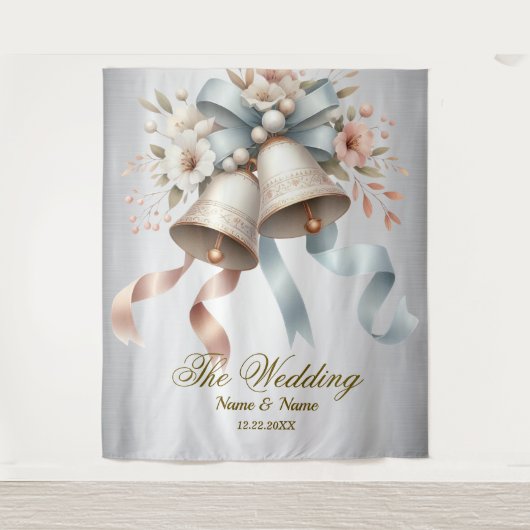 Trouwbloemen klokken roze blauwe linten mooi wandkleed (Voorkant)