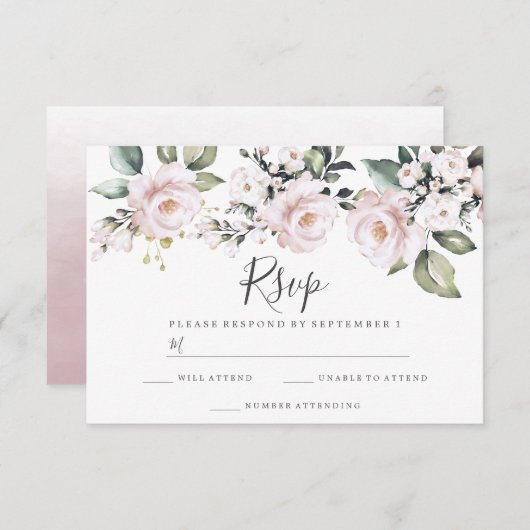 Trouwbloemen met Stof Roze Blush Roze RSVP Kaartje (Voorkant / Achterkant)