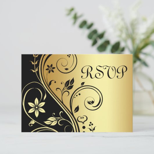 Trouwbloemen RSVP Black Gold Uitnodiging (Staand voorkant)