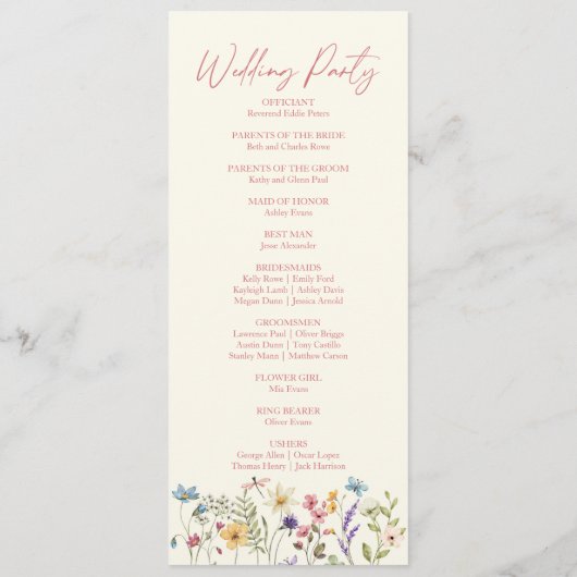 Trouwbloementuin Bloemige Wilde Bloemen Bruiloft Programmakaart (Achterkant)