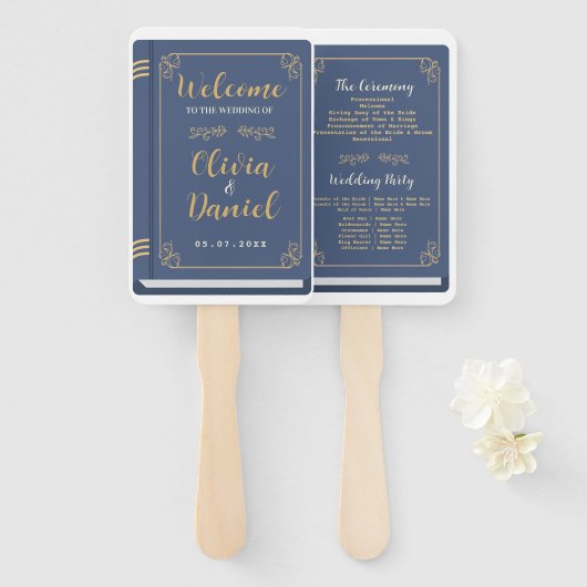 Trouwboek Hand Fan Modern Navy Programma Handwaaier (Voorkant en achterkant)