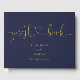 Trouwboek met Navy Blauwe En Gouden Script Lettert Gastenboek
