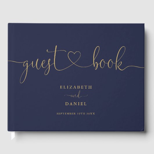 Trouwboek met Navy Blauwe En Gouden Script Lettert Gastenboek (Voorkant)