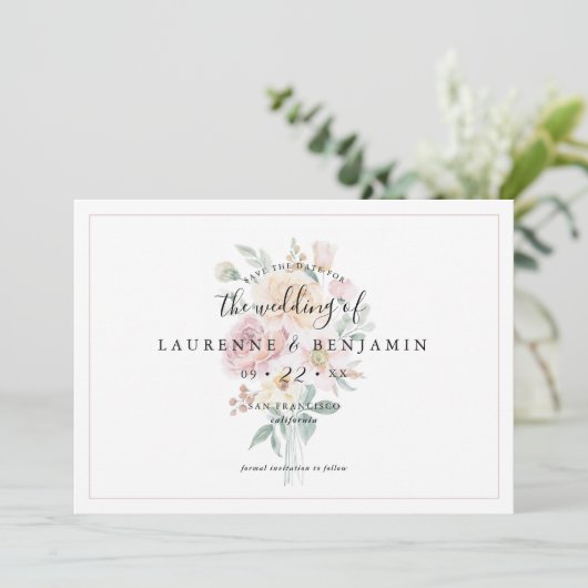 Trouwboeket Save the date Kaart - Zachte Bloemen (Staand voorkant)