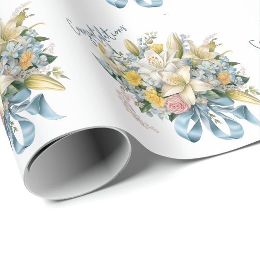 Trouwboeket van witte lelies en blauwe linten cadeaupapier (Rol Hoek)
