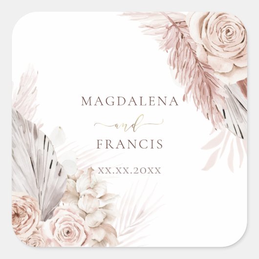 trouwboho bloemen vierkant sticker (Voorkant)