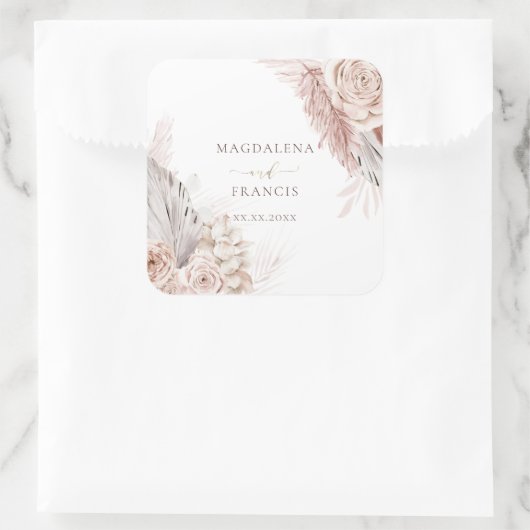 trouwboho bloemen vierkant sticker (Tas)