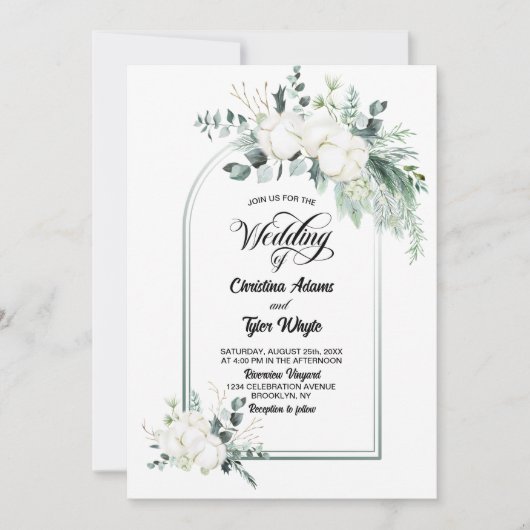 Trouwboog met katoenen bloemen en eucalyptus kaart (Voorkant)