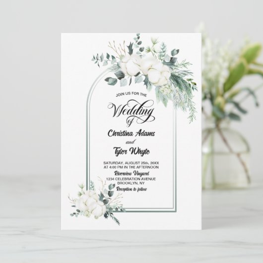 Trouwboog met katoenen bloemen en eucalyptus kaart (Staand voorkant)