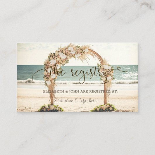 Trouwboog op het strand rozen huwelijksregister informatiekaartje (Voorkant)