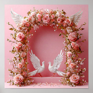 Trouwboog Roze Rozen Witte Duiven 🌸🕊️💖✨ Poster