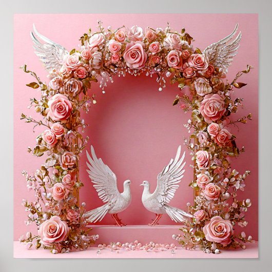 Trouwboog Roze Rozen Witte Duiven 🌸🕊️💖✨ Poster (Voorkant)