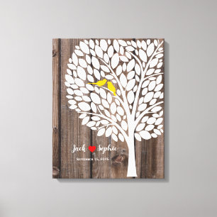 Trouwboom Handtekening Gastenboek Vogels Geel Hout Canvas Afdruk