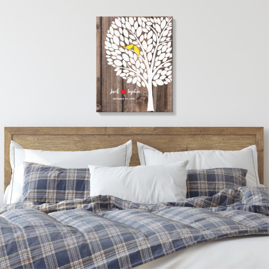 Trouwboom Handtekening Gastenboek Vogels Geel Hout Canvas Afdruk (Insitu (Slaapkamer))