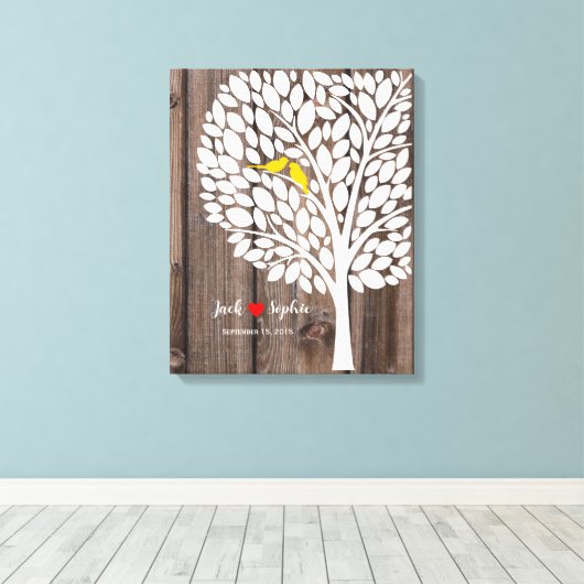 Trouwboom Handtekening Gastenboek Vogels Geel Hout Canvas Afdruk (Insitu (Houten vloer))