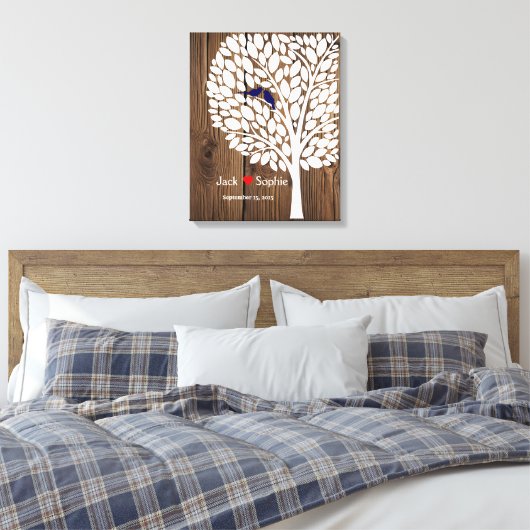 Trouwboom handtekening Gastenboek Vogels Navy Wood Canvas Afdruk (Insitu (Slaapkamer))
