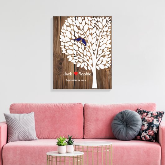 Trouwboom handtekening Gastenboek Vogels Navy Wood Canvas Afdruk (Insitu (Woonkamer))