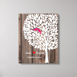 Trouwboom handtekening Gastenboek Vogels Roze Hout Canvas Afdruk