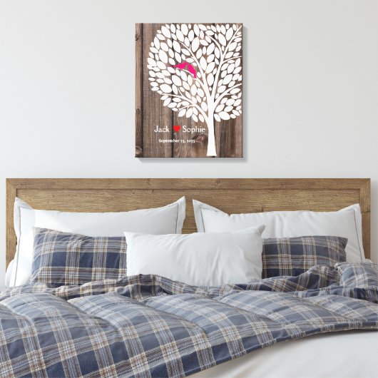 Trouwboom handtekening Gastenboek Vogels Roze Hout Canvas Afdruk (Insitu (Slaapkamer))