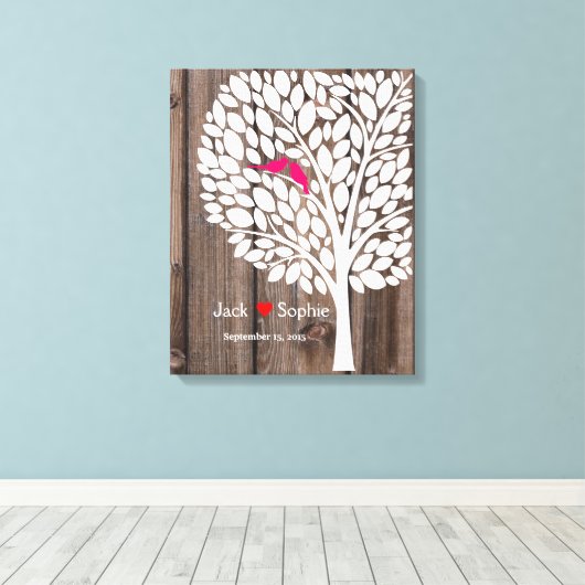 Trouwboom handtekening Gastenboek Vogels Roze Hout Canvas Afdruk (Insitu (Houten vloer))