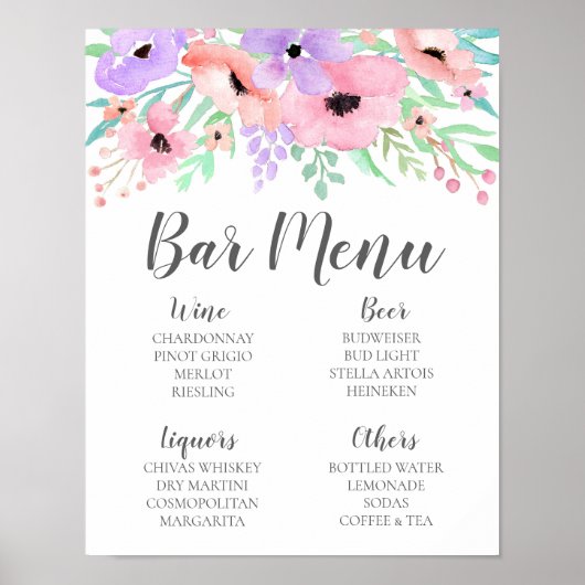 Trouwbord – Barmenu Waterverf Bloem Bord Poster (Voorkant)