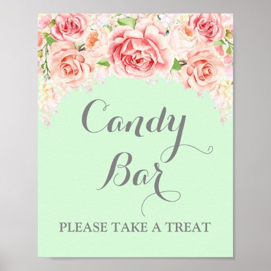 Trouwbord Candy Bar Roze Aquarel Bloem Licht Munt Poster (Voorkant)