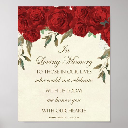 Trouwbord 'In loving memory' rode rozen bloemstuk Poster (Voorkant)
