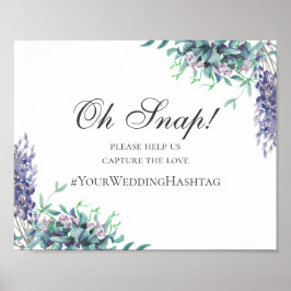 Trouwbord. Paarse bloemen instagram hashtag Poster
