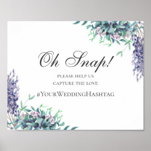 Trouwbord. Paarse bloemen instagram hashtag Poster