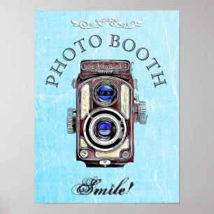 Trouwbord voor fotohokje, blauwe vintage camera poster