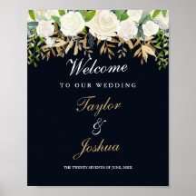 Trouwbord 'Welkom' Navy Goud Bloemen