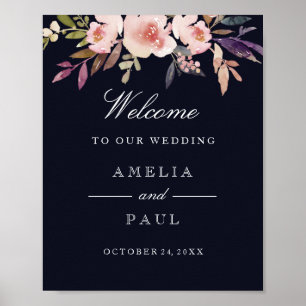Trouwbord 'Welkom' Navy Roze Watercolor Pioenrozen Poster
