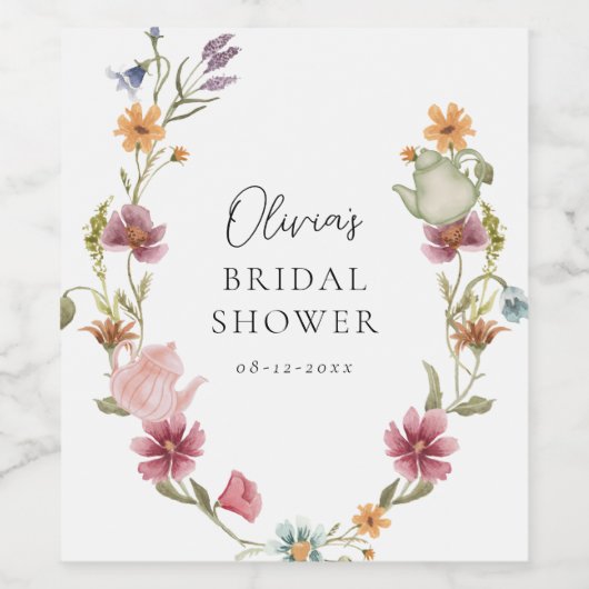 Trouwborrel Wijnlabel met Bloemmotief Thee Wijn Etiket (Enkel label)