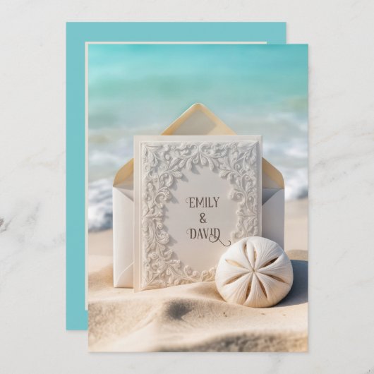 Trouwbriefpapier met strand zand dollar kaart (Voorkant / Achterkant)