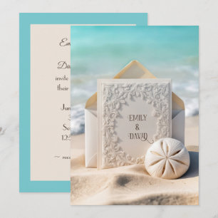 Trouwbriefpapier met strand zand dollar kaart
