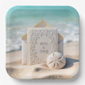 Trouwbriefpapier met strand zand dollar papieren bordje (Voorkant)