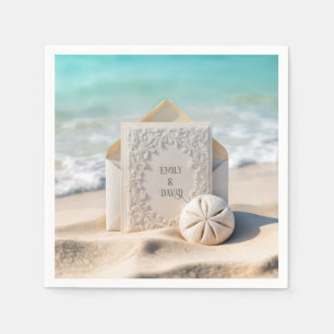 Trouwbriefpapier met strand zand dollar servet