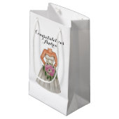 Trouwbruid met roze boeket bloemen klein cadeauzakje (Voorkant Gekanteld)