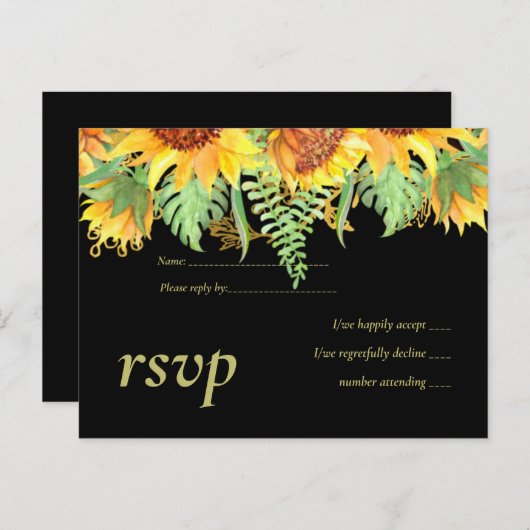 Trouwbudget met Zwart en Zonnebloemen Combinatie Uitnodiging Briefkaart (Voorkant / Achterkant)