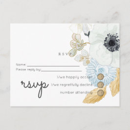 Trouwbudget RSVP in Navy Wit Goud Bloemmotief Uitnodiging Briefkaart