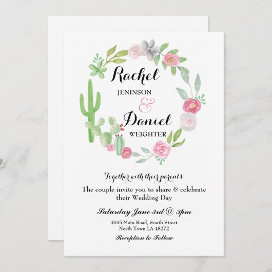 Trouwcactus Fiesta Krans Party Nodig Bloemen uit Kaart (Voorkant / Achterkant)