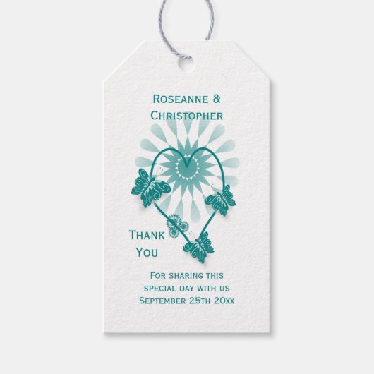 Trouwcadeau Label Blauwgroen Vlinders Hart Cadeaulabel (Voorkant)